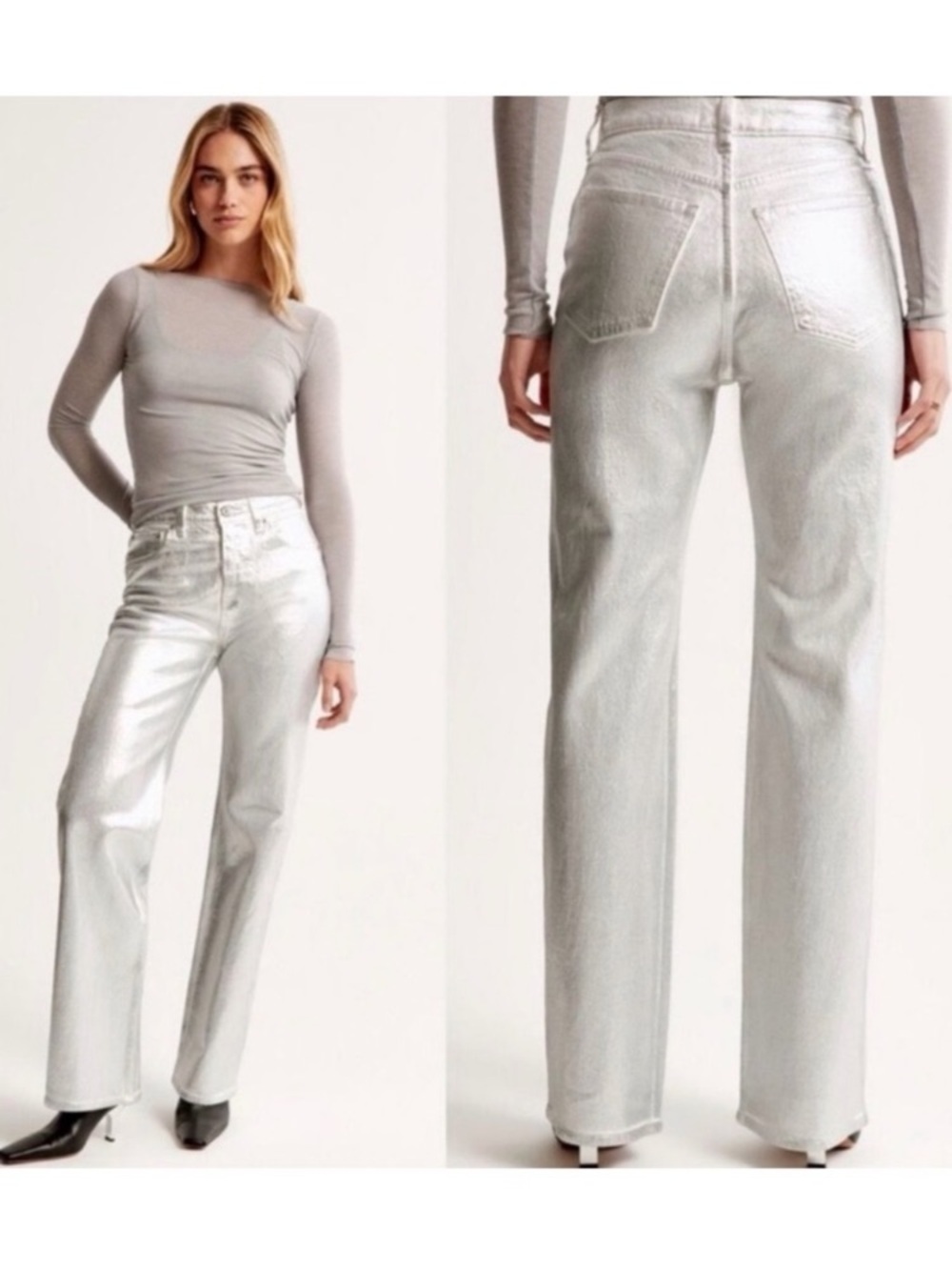Abercrombie & Fitch The 90s Relaxed Jean High Rise Silver Foiled White Jeans 27